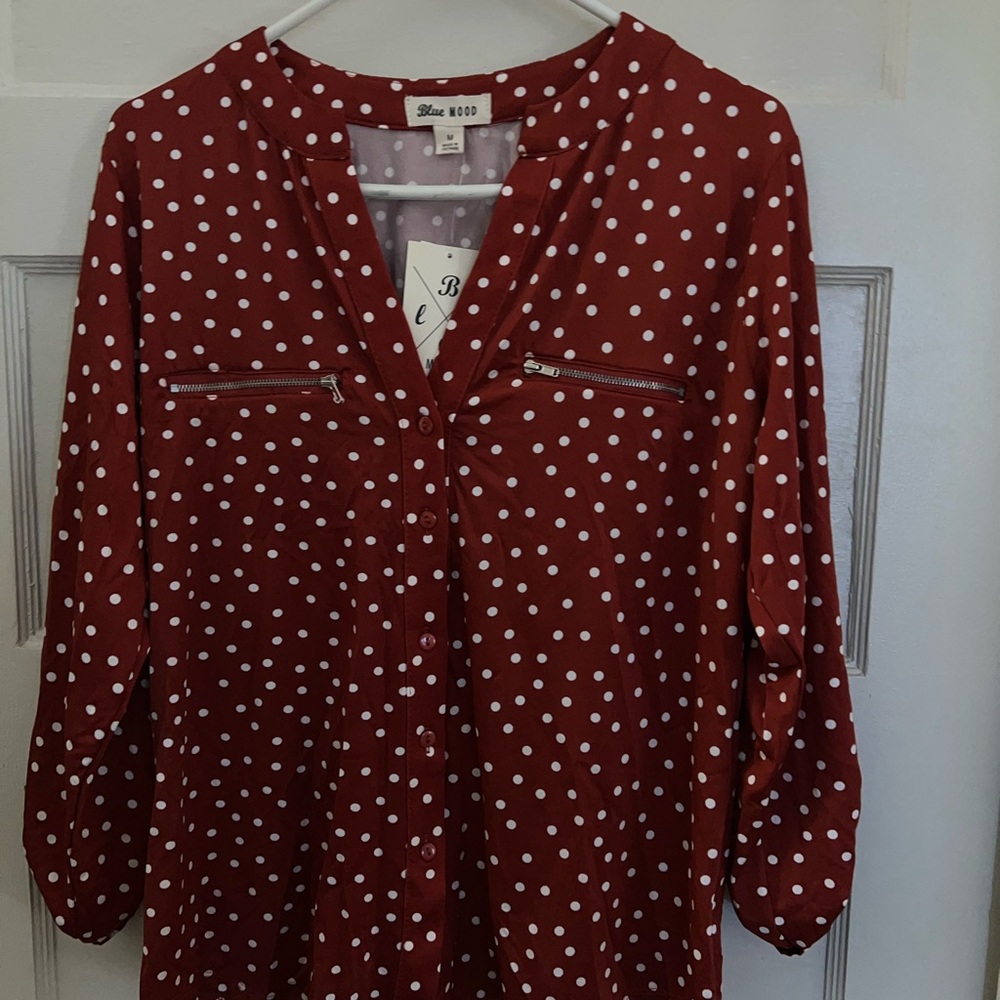 Blue Moon Red Polka Dot Button-Front Blouse